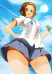  bottle brown_eyes brown_hair from_below hairband hand_on_hip k-on! legs looking_down nuezou perspective ribbon school_uniform short_hair skirt sky solo sweat tainaka_ritsu 