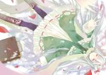  alternate_costume boots coat cross-laced_footwear ex-keine flower green_hair hands horn_ribbon horns huoshansama kamishirasawa_keine knee_boots lace-up_boots long_hair outstretched_arm outstretched_hand pantyhose red_eyes ribbon snowing touhou very_long_hair 