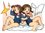  abukawa barefoot blue_eyes blush braid brown_eyes brown_hair character_request child extra feet grin jacket_over_swimsuit locked_arms mitsudomoe multiple_girls name_tag om_(artist) one-piece_swimsuit school_swimsuit shiku_(mitsudomoe) short_hair side_ponytail smile swimsuit twin_braids v 