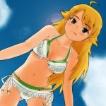  :q bikini blonde_hair breasts cleavage cloud from_below green_eyes hoshii_miki idolmaster leaning_forward lens_flare long_hair minato-13 navel sky solo swimsuit tongue 