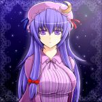  :&lt; bow breasts crescent crescent_moon hair_bow hat koori_gatsu_rei large_breasts long_hair patchouli_knowledge purple_eyes purple_hair solo touhou violet_eyes 