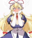  @_@ ario blonde_hair blush breasts cleavage elbow_gloves gloves hands_on_own_face hat large_breasts long_hair purple_eyes solo steam touhou violet_eyes yakumo_yukari 