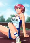  arm_support bare_shoulders blue_eyes breasts hinomoto_hikari large_breasts mole open_mouth red_hair redhead short_hair shorts solo sweat sweating sweating_profusely tank_top tired tokimeki_memorial tokimeki_memorial_2 track track_and_field wet wink 