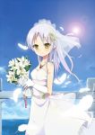  bare_shoulders bouquet bow bridal_veil bride dress feathers flower gloves hair_flower hair_ornament jewelry lens_flare long_hair necklace rose silver_hair solo sunyukun tachibana_kanade veil wedding_dress white_rose yellow_eyes 