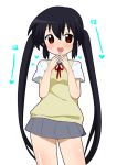  black_hair blush brown_eyes k-on! long_hair nakano_azusa open_mouth red_eyes saliva school_uniform skirt smile solo sweater_vest twintails youri19 