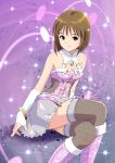  boots brown_eyes brown_hair cool_&amp;_sexy_(idolmaster) crossed_legs fingerless_gloves gloves hagiwara_yukiho highres idolmaster jewelry ponnetsu short_hair sitting smile solo sparkle thigh-highs thighhighs 