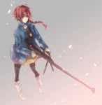  black_legwear black_pantyhose boots braid choiwy darker_than_black green_eyes gun jacket jewelry long_hair pantyhose pendant ptrd-41 red_hair redhead rifle single_braid skirt sniper_rifle solo suou_pavlichenko weapon 