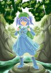  1girl backpack bag blue_eyes blue_hair boots breasts cross-laced_footwear fern hair_bobbles hair_ornament hat kawashiro_nitori key looking_at_viewer moss rakuenjin rock short_hair skirt skirt_set solo stream sunbeam sunlight touhou tree twintails 