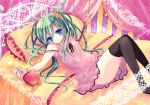  apple aqua_hair bad_id bed blue_eyes food fruit hatsune_miku kneehighs kosuzume long_hair pillow romeo_to_cinderella_(vocaloid) sitting socks solo thighhighs twintails vocaloid 