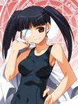  bad_id black_hair brown_eyes clothed_navel eyepatch hand_on_hip long_hair magic_circle navel one-piece_swimsuit sakamoto_mio school_swimsuit smile solo strike_witches swimsuit twintails umekichi 
