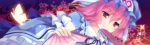  butterfly cherry_blossoms closed_fan dutch_angle fan fingernails flower folding_fan hat japanese_clothes pink_eyes pink_hair red_eyes saigyouji_yuyuko shinia short_hair smile solo touhou 