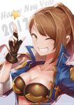  1girl 2017 ;) bangs beatrix_(granblue_fantasy) black_gloves breasts brown_hair bustier cleavage collarbone fingerless_gloves gloves granblue_fantasy grin happy_new_year highres kengzeta long_hair medium_breasts new_year one_eye_closed open_clothes ponytail popped_collar smile swept_bangs upper_body watermark web_address 