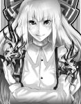  absurdres bad_id bow fire fujiwara_no_mokou grayscale greyscale grin hair_bow highres hime_cut long_hair monochrome smile solo suspenders tenjiku_nezumi tenjikunezumi touhou 