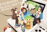  2girls 3boys ahoge antenna_hair arm_up bag bare_shoulders bel_(pokemon) bell_(pokemon) belt black_eyes black_hair blazer blonde_hair blue_eyes blush brown_eyes brown_hair cheren_(pokemon) denim denim_shorts dress fang glasses green_eyes green_hair group hands_in_pockets hat high_ponytail jacket long_hair looking_back messenger_bag multiple_boys multiple_girls n_(pokemon) nintendo_ds open_mouth oshawott pants poke_ball pokemon pokemon_(game) pokemon_black_and_white pokemon_bw ponytail product_placement shadow short_hair short_shorts shorts smile snivy tepig through_screen touko_(pokemon) touya_(pokemon) ueno_makoto vest wave wristband zipper 