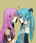  angry aqua_eyes aqua_hair hatsune_miku long_hair megurine_luka miz_01 mizuki_(koko_lost) multiple_girls necktie pink_hair twintails vocaloid yuri 