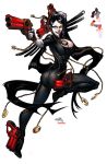  bayonetta bayonetta_(character) black_hair blue_eyes bodysuit breasts cleavage cleavage_cutout earrings elbow_gloves female glasses gloves gun handgun high_heels jewelry lipstick long_hair mole ribbon shoes solo steven_mack very_long_hair weapon 