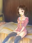  bad_id bed bedroom brown_eyes brown_hair dressing hirasawa_ui k-on! mouth_hold short_hair sitting thigh-highs thighhighs thighhighs_pull wink 