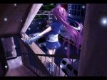 from_behind je9541 long_hair motor_vehicle outstretched_arms purple_hair solo spread_arms stairs street vehicle 