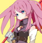  axe bare_shoulders belt blue_eyes child colored_eyelashes elbow_gloves eyelashes gauntlets gloves jewelry knife pink_hair presea_combatir shoochuu solo tales_of_(series) tales_of_symphonia twintails weapon yellow_background 