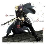  back-to-back blonde_hair crossover fingerless_gloves fullmetal_alchemist ghost_in_the_shell gloves gun highres kusanagi_motoko military military_uniform multiple_girls purple_hair red_eyes rifle riza_hawkeye uniform weapon zuro 