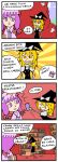  4koma :&lt; bag blonde_hair book bow card comic crescent drawfag finnish hat hat_bow holding holding_card kirisame_marisa library multiple_girls patchouli_knowledge purple_eyes purple_hair sweat touhou translated translation_request witch_hat yellow_eyes |_| 