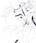 arm_cannon bad_id belt bikini_top black_rock_shooter black_rock_shooter_(character) coat highres lineart long_hair midriff monochrome navel roku_(hikokeng) scar shorts solo transparent_background twintails very_long_hair weapon 