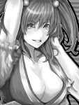  absurdres arm_up bad_id breasts cleavage grayscale greyscale grin hair_bobbles hair_ornament highres large_breasts monochrome onozuka_komachi short_hair smile solo tenjiku_nezumi tenjikunezumi touhou twintails 