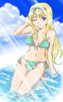  blonde_hair blue_eyes hairband original solo submerged swimsuit water wink yonecchi 