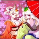  animal_ears bare_shoulders blue_eyes border breast_suppress breasts cleavage deba fox_ears hair_up japanese_clothes kimono kongiku large_breasts leaf leaf_on_head long_hair looking_back multiple_girls oboro_muramasa off_shoulder oriental_umbrella red_eyes umbrella wavy_hair white_hair yuzuruha 