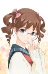  bow brown_hair bust derivative_work drill_hair face glasses hair_bow hands hands_together highres looking_at_viewer maeda_risou original risoumaeda school_uniform serafuku sleeves_past_wrists smile solo steepled_fingers sweater twin_drills twintails 