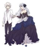  1girl blue_eyes couple dress gown gwendolyn head_wings holding_hands long_hair lowres odin_sphere oswald red_eyes short_hair smile vanillaware white_hair 