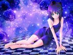  arms ass bare_shoulder barefoot breasts check_field checkered checkered_floor checkfield dress feet green_eyes hands legs monster neck original purple_hair roses short_dress short_hair spider strap_slip toes tsunbeji yami_shoujo 