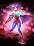  bare_shoulders bat bat_wings boots breasts capcom cleavage demon_girl drill elbow_gloves fingerless_gloves flat_chest gloves head_wings heart leotard lilith_aensland nokka pantyhose purple_hair red_eyes short_hair solo succubus vampire_(game) wings 