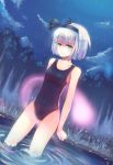  blue_eyes bob_cut bryanth dutch_angle ghost glowing green_eyes hairband konpaku_youmu konpaku_youmu_(ghost) myon nature night night_sky one-piece_swimsuit ripples school_swimsuit short_hair silver_hair sky solo star_(sky) starry_sky submerged swimsuit touhou tree wading water 