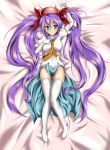  bed blush dakimakura elbow_gloves gloves highres legs long_hair lying mushihime-sama nishiumi_yuuta on_back purple_hair reco thigh-highs thighhighs twintails very_long_hair 