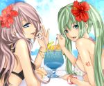  aqua_eyes bad_id bikini blue_eyes bracelet drink flower green_hair hair_flower hair_ornament hair_over_one_eye hatsune_miku jewelry long_hair megurine_luka multiple_girls pink_hair roku_(hikokeng) smile straw swimsuit twintails vocaloid 