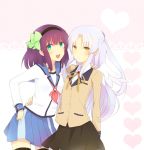  angel_beats! angel_wings bad_id blazer green_eyes hair_ornament hair_ribbon hairband heart long_hair multiple_girls necktie purple_hair ribbon school_uniform serafuku short_hair silver_hair skirt tayako tachibana_kanade thighhighs wings yellow_eyes yuri_(angel_beats!) 