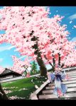 2girls asoka cherry_blossoms day east_asian_architecture ghost grass hairband hat japanese_architecture japanese_clothes konpaku_youmu konpaku_youmu_(ghost) multiple_girls pink_hair saigyouji_yuyuko short_hair silver_hair stairs touhou tree