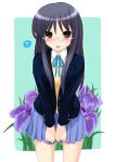  :o akatsuki_(artist) black_hair blazer brown_eyes extra flower glasses highres iris_(flower) k-on! long_hair school_uniform solo sweater_vest takahashi_fuuko 