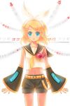  bad_id blonde_hair blush detached_sleeves hair_ornament hair_ribbon hairclip headset heart huan_ying kagamine_rin kokoro_(vocaloid) open_mouth ribbon sailor_collar short_hair shorts solo vocaloid 