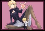  dress fate/stay_night fate_(series) feet gilgamesh gothic_lolita hands lolita_fashion miniboy pantyhose saber saber_alter wink zenisu 