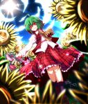  chourui closed_umbrella fisheye flower from_below green_hair kazami_yuuka lens_flare plaid plaid_skirt plaid_vest red_eyes shaded_face short_hair skirt skirt_set smirk solo sun sunflower thorns tori_rui touhou umbrella untucked vines 