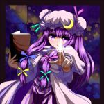  book crescent fingers hat ishikkoro long_hair magic patchouli_knowledge pointing purple_eyes purple_hair solo touhou violet_eyes 