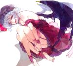  blue_hair dress face feet fetal_position garter_straps grin hands hat leg_hug licking_lips lips off_shoulder red_eyes remilia_scarlet slit_pupils smile solo sono thigh-highs thighhighs tongue touhou wings wrist_cuffs 