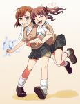  bad_id brown_eyes brown_hair electricity hug legs long_hair misaka_mikoto mixo school_uniform shirai_kuroko short_hair shorts sweater_vest to_aru_kagaku_no_railgun to_aru_majutsu_no_index twintails 