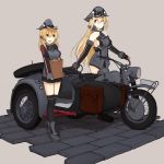  2girls bismarck_(kantai_collection) blonde_hair blue_eyes green_eyes hat highres kantai_collection long_hair mikoto_(oi_plus) military military_hat military_uniform motor_vehicle motorcycle multiple_girls prinz_eugen_(kantai_collection) twintails uniform vehicle 