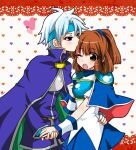  1boy 1girl ;o arle_nadja armor armored_dress blue_eyes blush brown_eyes brown_hair cape capelet chika009 couple half_updo headband heart heart_background hetero holding_hands puyopuyo schezo short_hair skirt white_hair wink 