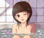  bathtub brown_eyes brown_hair gacha-m gachamukku hair_ornament hairclip ice nude original solo water wink 
