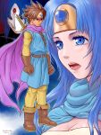  blue_hair breasts cape circlet cleavage dragon_quest dragon_quest_iii gloves highres mask open_mouth roto sage_(dq3) surime-dq sword weapon 
