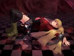  blonde_hair blood boots chain checkered checkered_floor highres kou_(pixiv649607) long_hair lying necktie red_eyes stakes_of_purgatory thigh-highs thighhighs twintails umineko_no_naku_koro_ni 